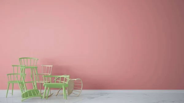 Grupo Verde Moderno Clássico Escandinavo Cadeiras Rochosas Empilhadas Interior Vazio — Fotografia de Stock