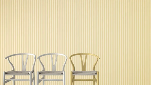 Minimalist architect designer concept with three classic wooden and pastel chairs on yellow striped wallpaper background, living room interior design with copy space