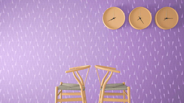 Minimalist architect designer concept, waiting living room with orange classic wooden chairs and wall clocks on violet geometric wallpaper background, interior design idea with copy space