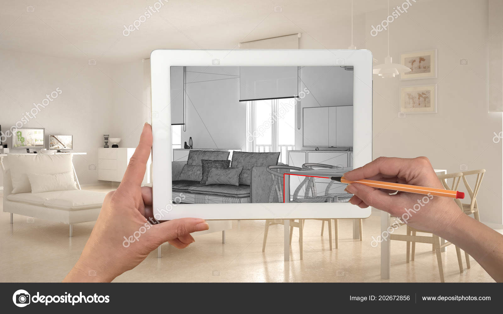 Hands Holding Drawing Tablet Showing Modern Living Room Cad Sketch