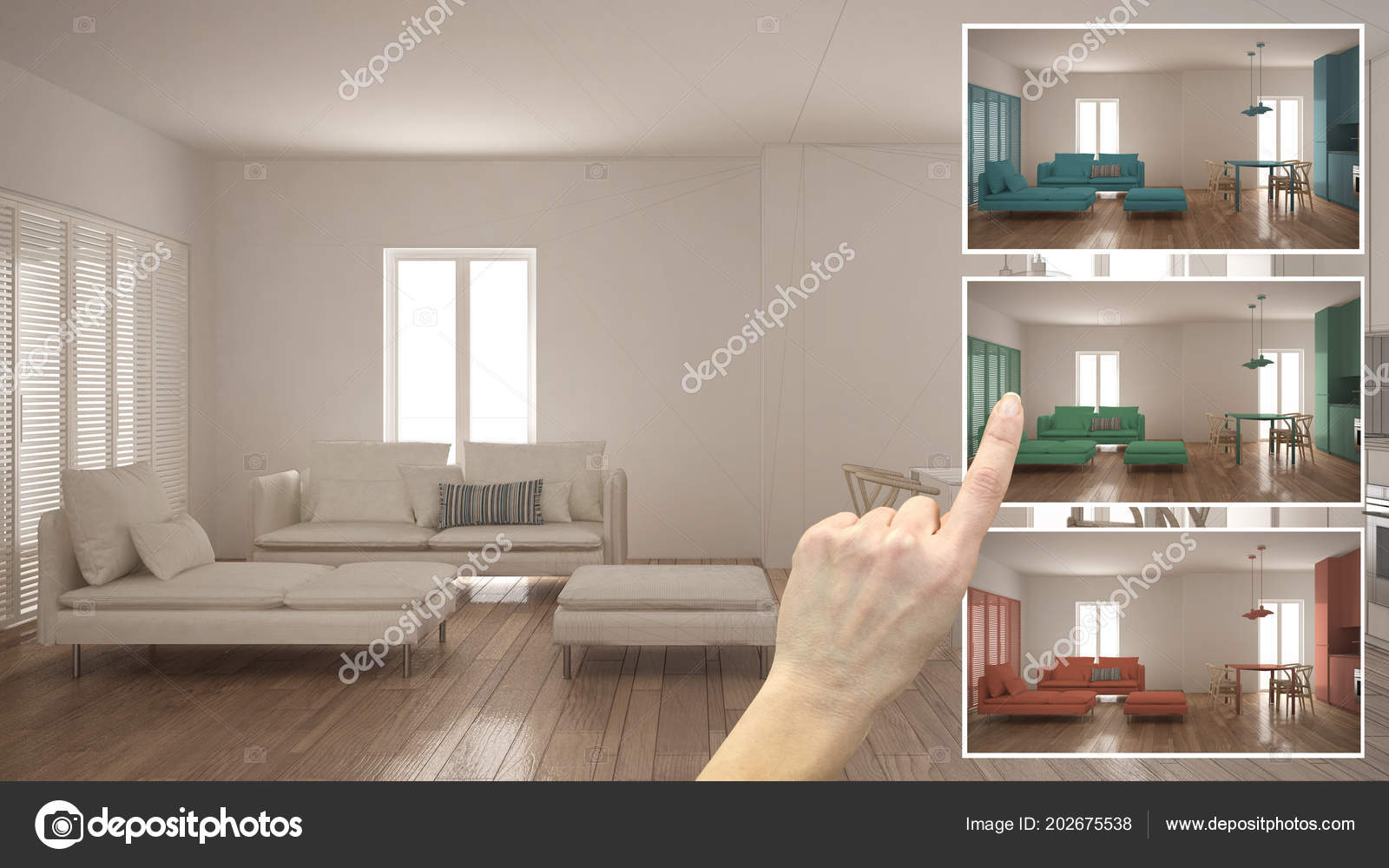 Architect Designer Concept Hand Showing Living Room Kitchen