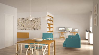 Nordic minimalist Salon yemek masası, kanepe, köşe ofis, bilgisayar, çağdaş modern sarı ve mavi iç tasarım ile ev işyeri ile açık alan