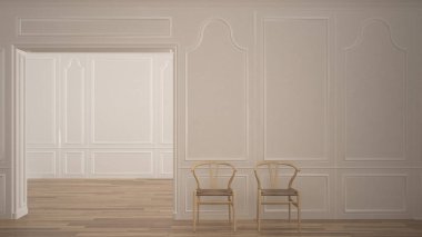 Tek boş oda parke zemin ve ahşap sandalyeler, beyaz çağdaş iç tasarım