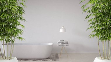 Zen iç saksı bambu bitki, doğal iç tasarım konsepti, banyo arka plan, küvet, tablo ve balıksırtı lamba ile parke döşeme