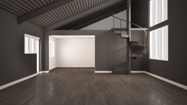 Gri modern iç, açık boşluk asma ve minimalist döner merdiven, konsept tasarım arka plan ile