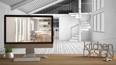 Mimar tasarımcı proje kavramı, ahşap masa evin anahtarları, 3 boyutlu harfler kelime mutfak tasarım ve taslak, gösterilen masaüstü arka plan, beyaz iç tasarım Cad kroki blueprint