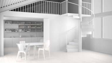 Toplam beyaz proje, asma ve modern spiral merdivenler ile minimalist beyaz mutfak, yatak odası, konsept iç tasarım arka plan, mimar tasarımcı fikir ile çatı
