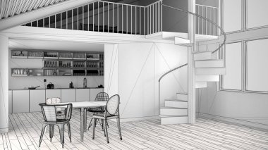 Asma kat ve modern spiral merdivenler, çatı katı yatak odası ile konsept iç tasarım arka plan, mimar tasarımcı fikir ile minimalist beyaz mutfak tamamlanmamış proje