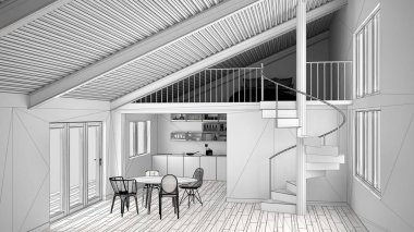 Asma kat ve modern spiral merdivenler, çatı katı yatak odası ile konsept iç tasarım arka plan, mimar tasarımcı fikir ile minimalist beyaz mutfak tamamlanmamış proje