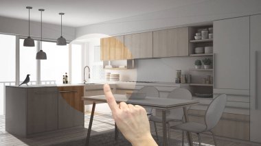 İç mimari proje, proje detay, mobilya ya da kavramı, modern minimalist ahşap mutfak yemek masası ile remodeling Oda karar gösteren bir el