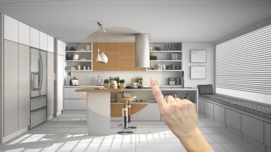 El işaret iç mimari proje, proje detay, mobilya veya remodeling kavramı, modern ahşap mutfak ahşap detayları ve pencere ile odalar karar