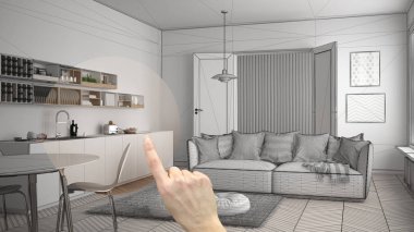 El işaret iç mimari proje, proje detay, mobilya veya remodeling kavramı, İskandinav modern oturma odası ile mutfak, yemek masası ve kanepeli odanın karar