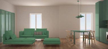 Minimalist İskandinav oturma odası ile mutfak ve yemek masası, kanepe, kabarık ve şezlong, panoramik pencere, beyaz ve yeşil tasarım iç çağdaş