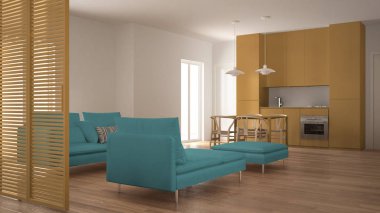 Modern temiz oturma odası ile mutfak ve yemek masası, kanepe, kabarık ve şezlong, çok az mavi ve sarı iç tasarım