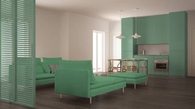 Modern temiz oturma odası ile mutfak ve yemek masası, kanepe, kabarık ve şezlong, çok az gri ve yeşil iç tasarım