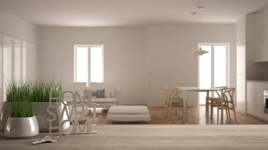 Ahşap masa, masa veya saksı çim tesisi, evin anahtarları ve 3d harf kelime evim güzel evim üzerinde beyaz oturma odası, mimari iç tasarım, yapım ile raf arka plan bulanıklık