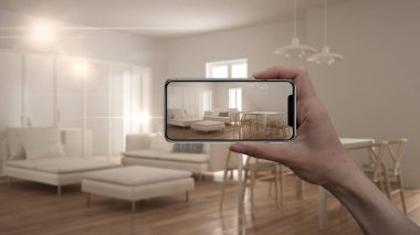 Akıllı telefon, Ar uygulama, tutan el mobilya taklit ve gerçek ev mimar tasarım konsepti, iç tasarım ürünleri arka plan, modern oturma odası ile mutfak bulanıklık