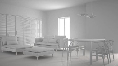 Beyaz projenin toplam: sürgülü kapı ve yemek masası, kanepe, kabarık ve şezlong, en az iç tasarım modern temiz oturma odası