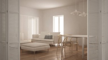 Beyaz katlanır kapı sürgülü kapı ve yemek masası, beyaz iç tasarım, mimar tasarımcı kavramı, modern oturma odası üzerinde açma arka plan bulanıklık