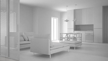 Beyaz projenin toplam: modern temiz oturma odası ile mutfak ve yemek masası, kanepe, kabarık ve şezlong, en az iç tasarım