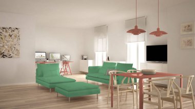 İskandinav Çağdaş Salon açık alan ile yemek masası, kanepe ve şezlong, ofis, bilgisayar, en az modern yeşil ve turuncu iç mekan tasarımları ile ev işyeri