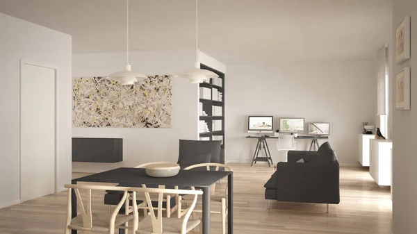 ダイニング テーブル ソファ オフィス コンピューター 現代のモダンな白とグレーのインテリア デザインとホームの職場と北欧ミニマルなリビング ルームのオープン スペース — ストック写真