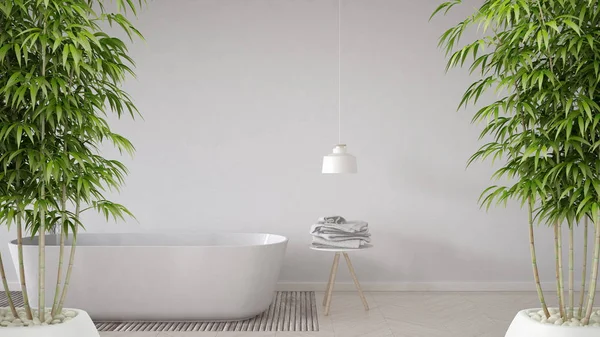 Zen interior with potted bamboo plant, natural interior design concept, bathroom background, bathtub, table and lamp on herringbone parquet flooring