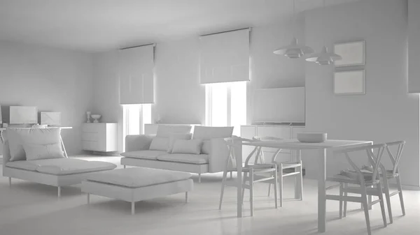 Progetto Total White Moderno Soggiorno Contemporaneo Open Space Con Tavolo — Foto Stock