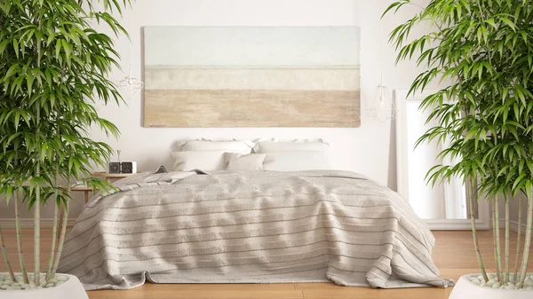 Zen iç saksı bambu bitki, doğal iç tasarım konsepti, klasik yatak odası, İskandinav tarzı modern, minimalist mimarisi ile