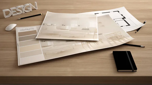 建築家のデザイナーのコンセプト インテリアの改装案 計画とカラーパレット プロジェクトのアイデアの背景 現代のリビングルームとテーブルを閉じます — ストック写真