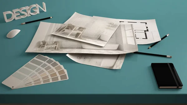 建築家のデザイナーコンセプト インテリアリノベーションドラフトでテーブルを閉じる バスルームのインテリアデザイン青写真図面 サンプルカラーパレット 青の創造的なデスクの背景 — ストック写真