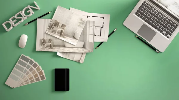 Architect Designer Concept Green Work Desk Computer Paper Draft Bedroom — Stock Photo, Image