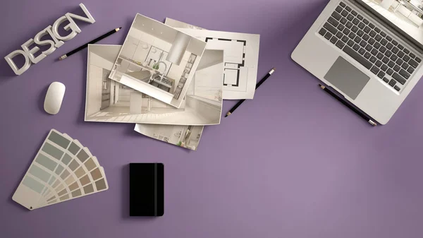 Architect designer concept, violet work desk with computer, paper draft, kitchen project images and blueprint. Sample color material palette, creative background idea with copy space