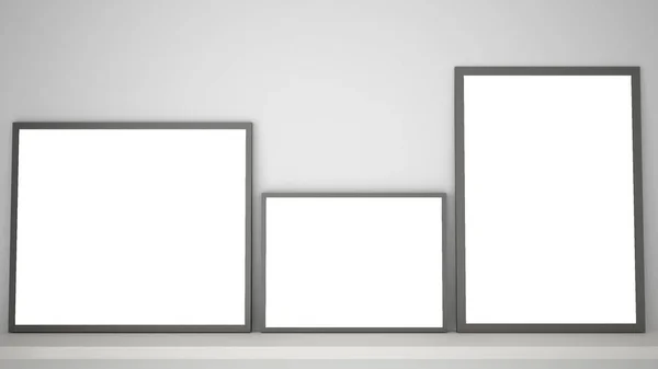 Mock Template Met Kopieerruimte Drie Grijze Frames Boekenplank Bureau Witte — Stockfoto