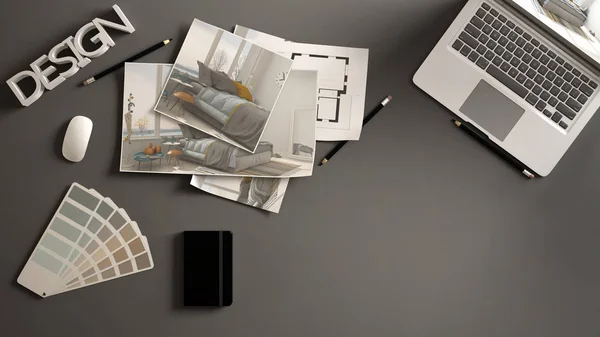 Architect Designer Concept Dark Work Desk Computer Paper Draft Bedroom — Stock Photo, Image