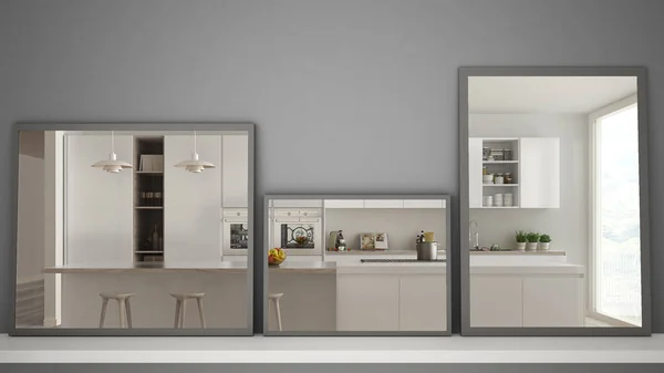 Três Espelhos Modernos Prateleira Mesa Refletindo Cena Design Interiores Cozinha — Fotografia de Stock