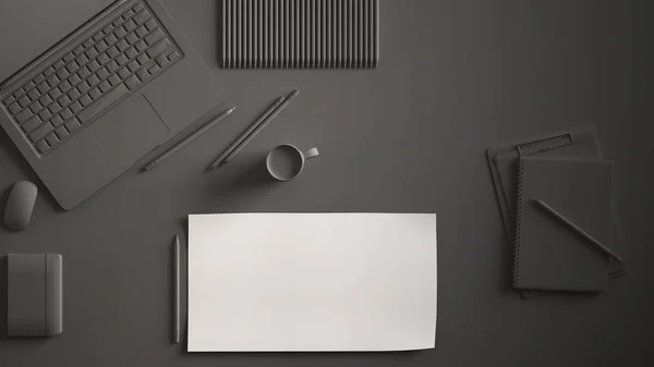 Dark gray monochrome minimal office table desk. Workspace with laptop, notebook, pencils and coffee cup. Flat lay, top view, blank paper mockup template