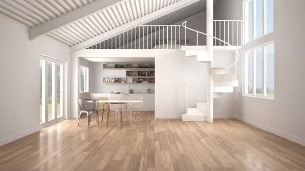 Minimalistische Open Ruimte Witte Keuken Met Mezzanine Moderne Wenteltrap Loft — Stockfoto