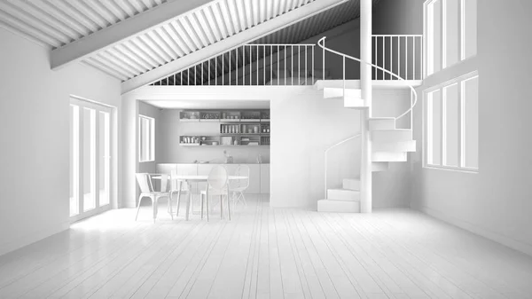 全白项目 简约开放空间 白色厨房与夹层和现代螺旋楼梯 阁楼与卧室 概念室内设计背景 建筑师设计理念 — 图库照片