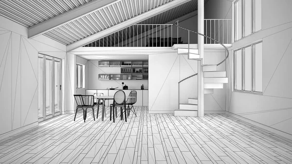 Projet Inachevé Espace Ouvert Minimaliste Cuisine Blanche Avec Mezzanine Escalier — Photo