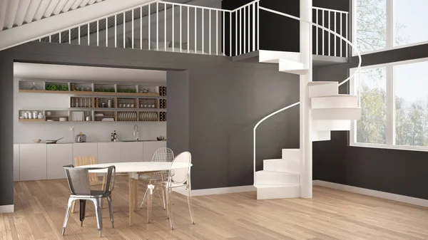 Мінімалістична Біла Сіра Кухня Мезаніном Сучасними Спіральними Сходами Горище Спальнею — стокове фото