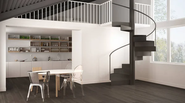 Cuisine Minimaliste Blanche Grise Avec Mezzanine Escalier Colimaçon Moderne Grenier — Photo