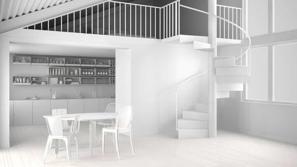 Загальний Білий Проект Мінімалістична Біла Кухня Мезаніном Сучасними Спіральними Сходами — стокове фото