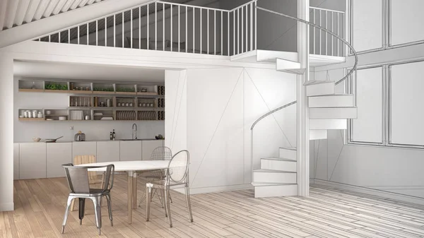 Unfinished project of minimalist white kitchen with mezzanine and modern spiral staircase, loft with bedroom, concept interior design background, architect designer idea