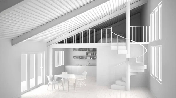 Total white project, minimalist white kitchen with mezzanine and modern spiral staircase, loft with bedroom, concept interior design background, architect designer idea