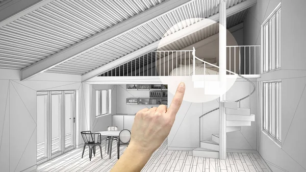 Hand pointing interior design project, home project detail, deciding on rooms furnishing or remodeling concept, open space mezzanine with kitchen, bedroom and modern staircase