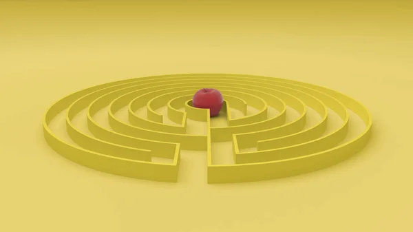 Round yellow labyrinth maze game with entry and exit, find the path to the apple concept, love temptation background idea with copy space