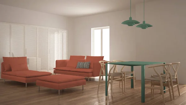 Modern clean living room with sliding door and dining table, sofa, pouf and chaise longue, minimal green and orange interior design