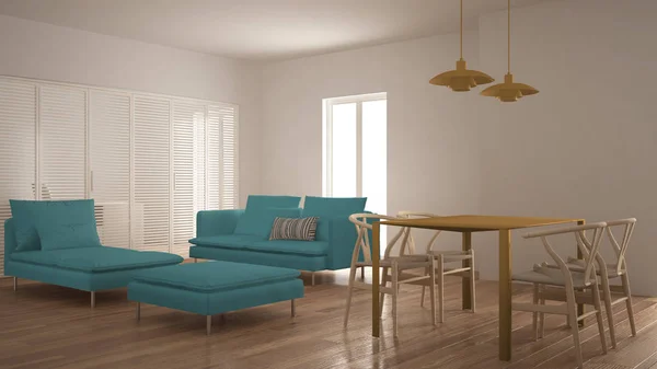 Modern clean living room with sliding door and dining table, sofa, pouf and chaise longue, minimal blue and yellow interior design