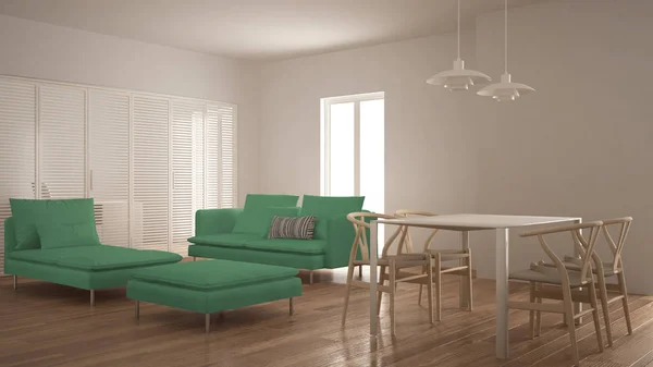 Modern clean living room with sliding door and dining table, sofa, pouf and chaise longue, minimal white and green interior design